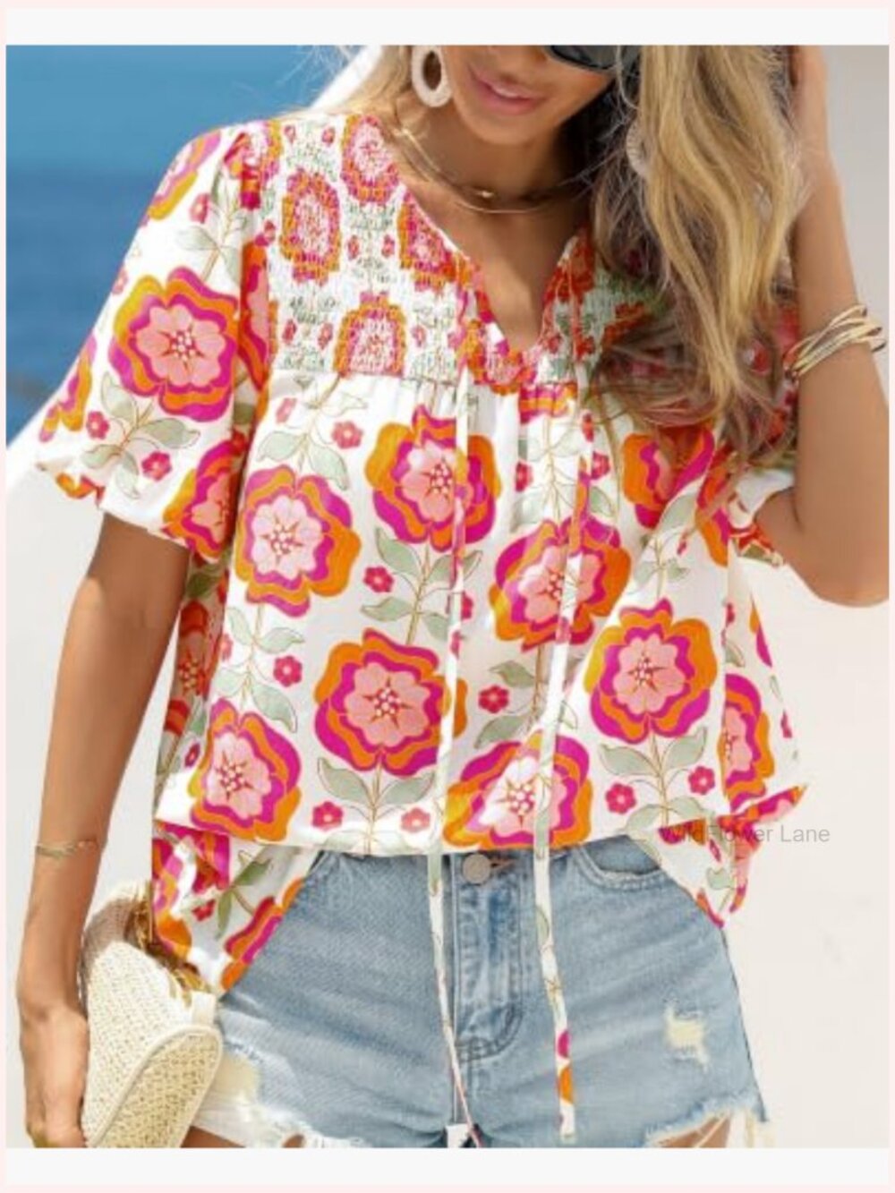 Boho Floral V Neck Blouse Drawstring Short Sleeve Summer Shirt - Picture 2 of 7